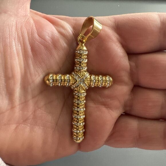 Cross Pendant Stainless Steel Cubic Zirconia 24” Chain Necklace Hip Hop Gold Men - Picture 4 of 6